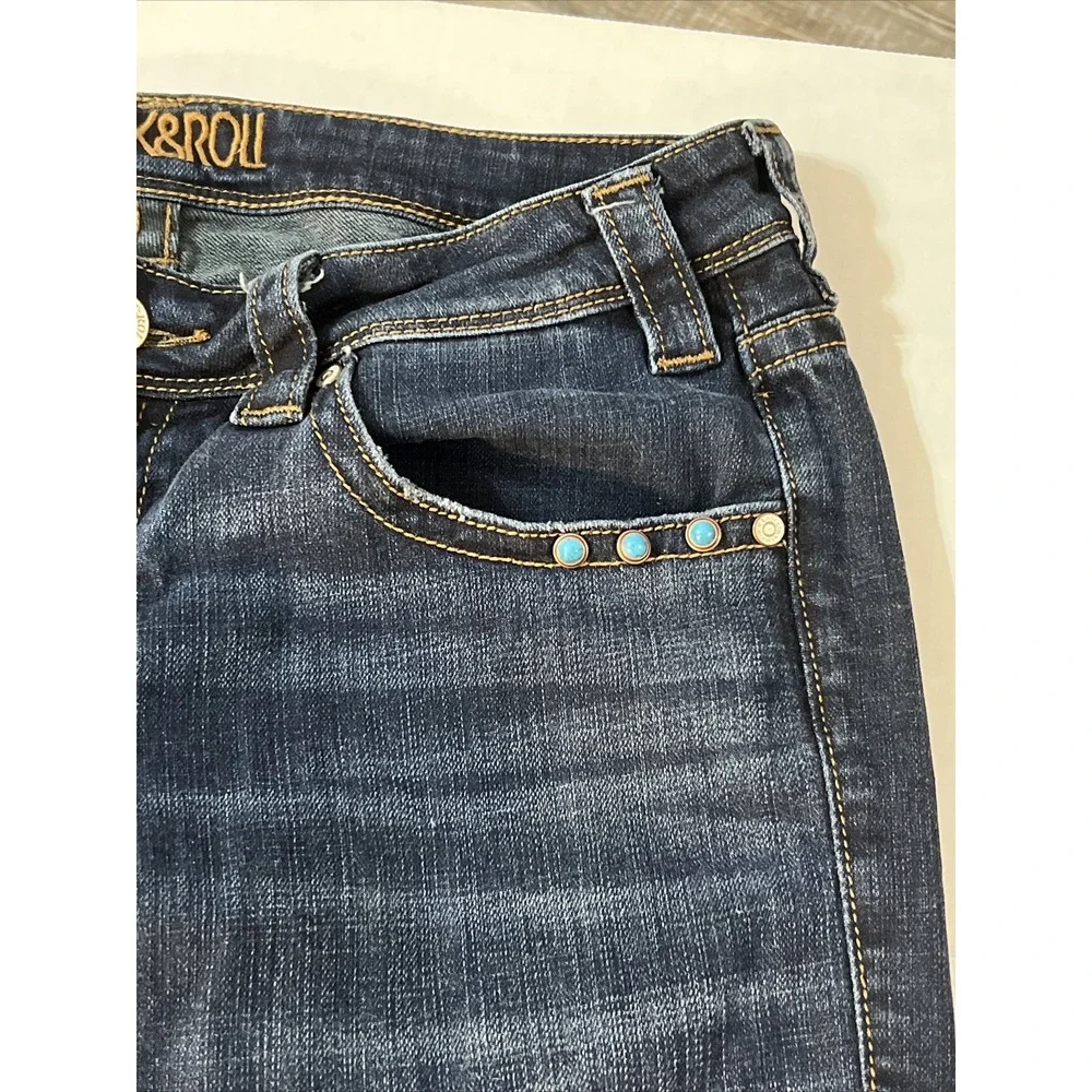 Rock & Roll Denim Western Cowgirl Trouser Women's 29 X 32 Jeans Turquoise Studs - Picture 3 of 16